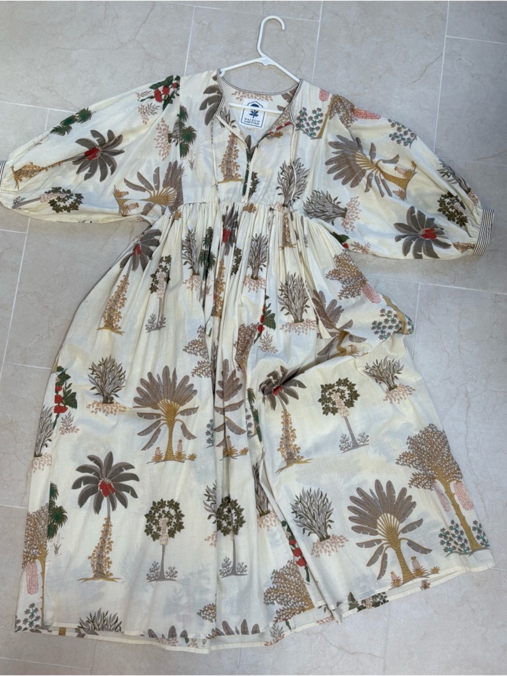 Maison Marigold Cream Botanical-Print Midi Dress with Balloon Sleeves
